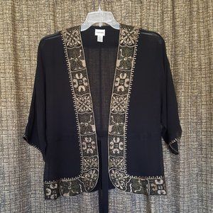 Chico's sz 1 (med) silk kimono jacket with gold embroidered beaded trim